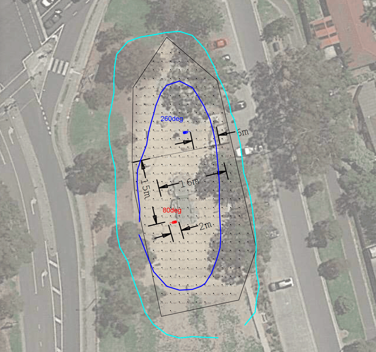 Aerial view of a dog park with marked measurements and angles in degrees. Contains overlaid shapes and lines, indicating specific distances, orientations on a map, and locations for solar lighting installations.